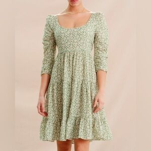 BY TIMO Green Garden Floral Print Jacquard Woven Viscose Tiered Dress XS